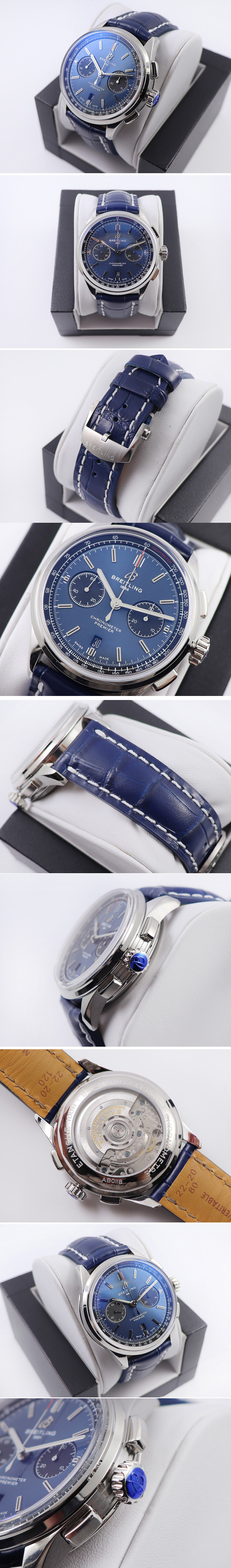 Replica Breitling Premier B01 Chronograph 42 Steel Watch GF Best Edtion in Blue Dial and Blue Leather With A7750