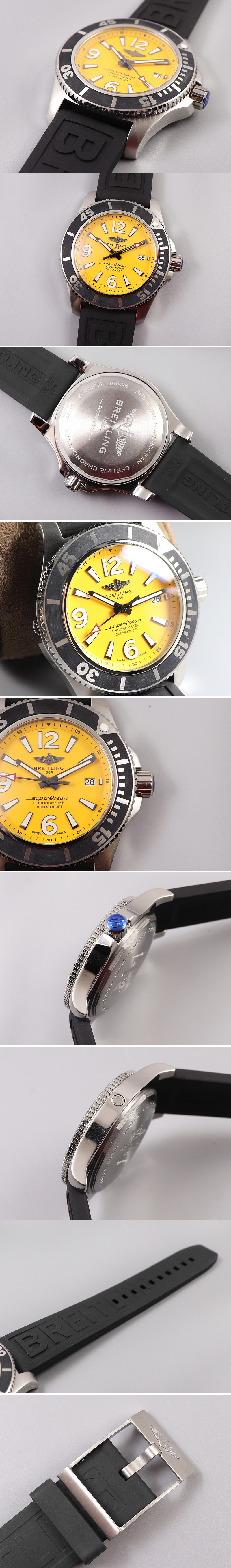 Replica Breitling Superocean Automatic 44 TF 1:1 Best Edition Yellow Dial Black Bezel on Black Rubber Strap A2824