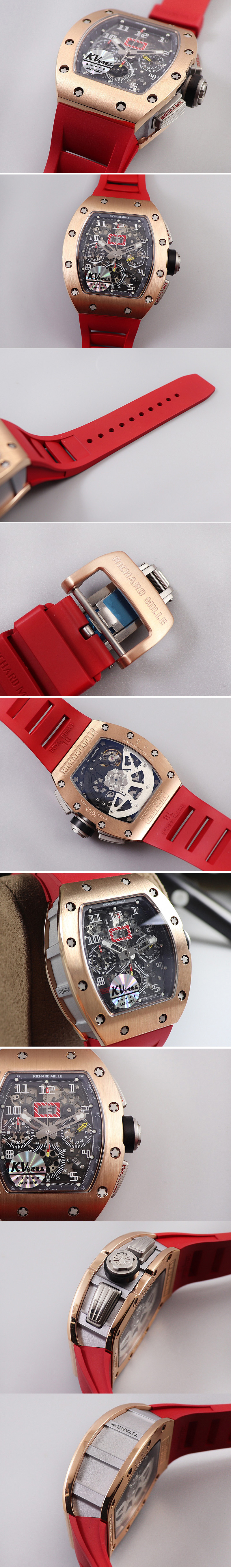 Replica Richard Mille RM011 RG Chrono KVF 1:1 Best Edition Crystal Dial Black on Red Rubber Strap A7750 V3