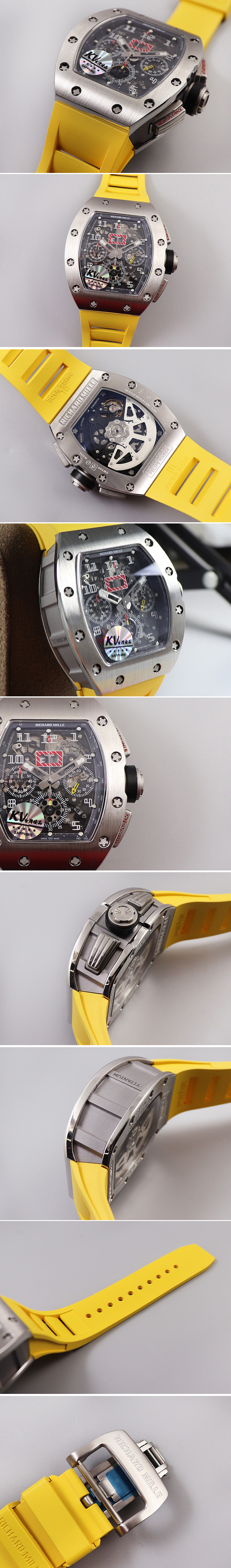 Replica Richard Mille RM011 SS Chrono KVF 1:1 Best Edition Crystal Dial Black on Yellow Rubber Strap A7750