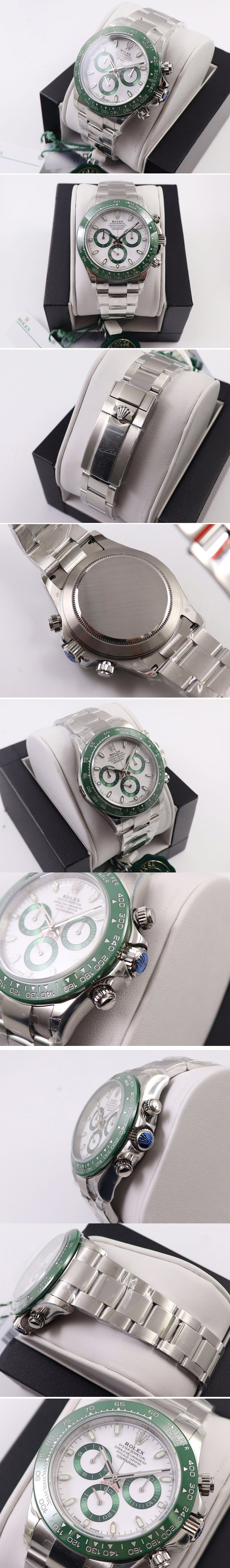 Replica Rolex Daytona Green Ceramic SS OMF Best Edition White Dial on SS Bracelet A4130