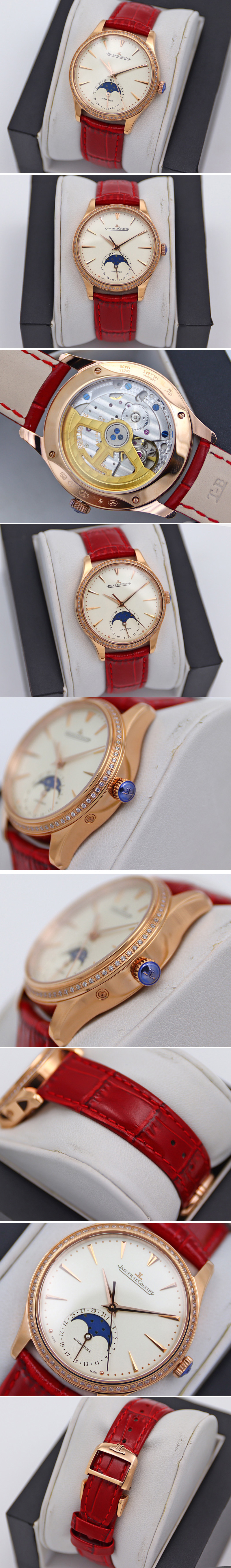 Replica Jaeger-LeCoultre Master Ultra Thin Moonphase RG/LE Diamond Bezel White Dial Red Leather Strap TW MY9015 to Cal.925