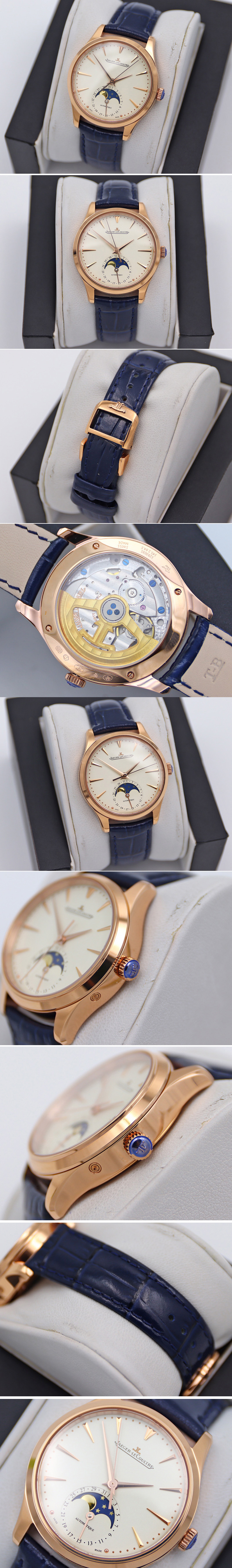 Replica Jaeger-LeCoultre Master Ultra Thin Moonphase RG/LE White Dial Blue Leather Strap TW MY9015 to Cal.925
