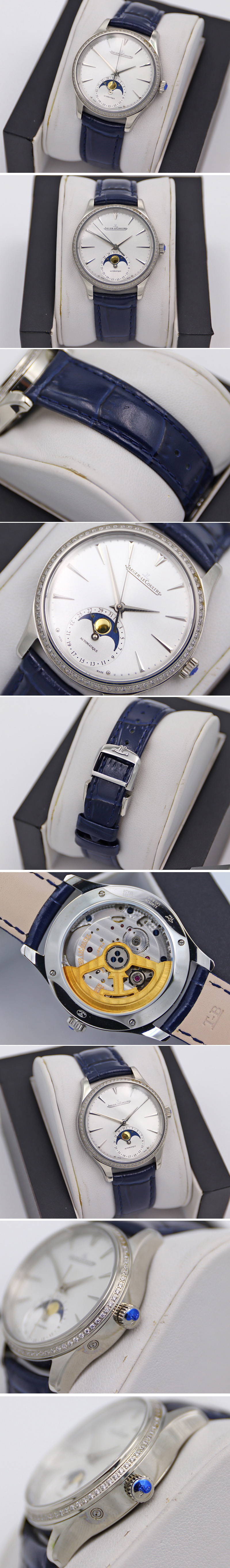 Replica Jaeger-LeCoultre Master Ultra Thin Moonphase SS/LE White Dial Diamond Bezel Blue Leather Strap TW MY9015 to Cal.925