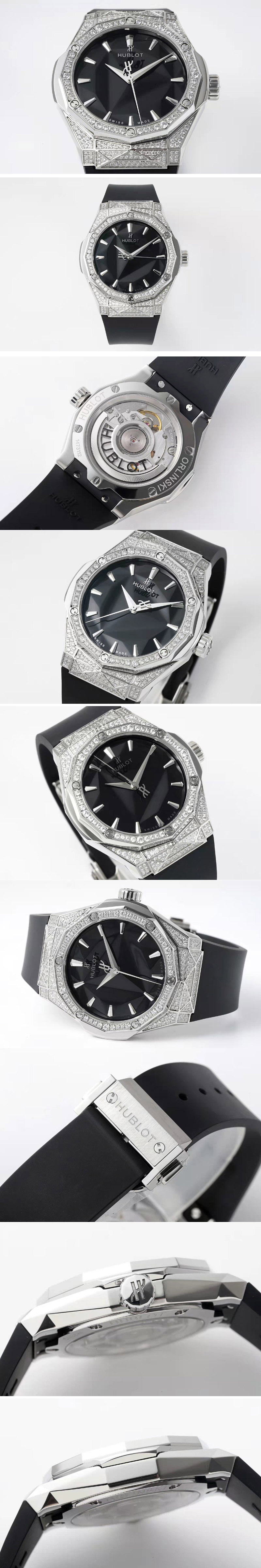 Replica Hublot Classic Fusion Orlinski SS Full Diamonds APSF 1:1 Best Edtion Black Faceted Dial on Black Rubber Strap A2892