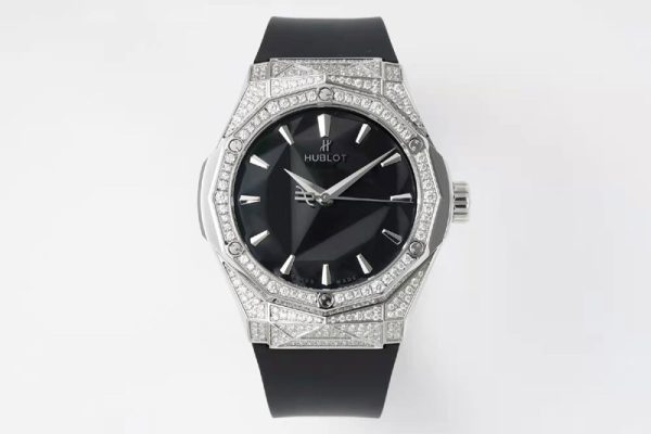 Replica Hublot Classic Fusion Orlinski SS Full Diamonds APSF 1:1 Best Edtion Black Faceted Dial on Black Rubber Strap A2892