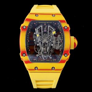 Replica Richard Mille RM027-03 Real Tourbillon RMF Best Edition Orange/Red Carbon Skeleton Dial on Yellow Rubber Strap