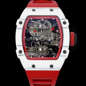 Replica Richard Mille RM027-02 Nadal Real Tourbillon RMF Best Edition White Forge Carbon Red Inner Bezel on Red Rubber Strap