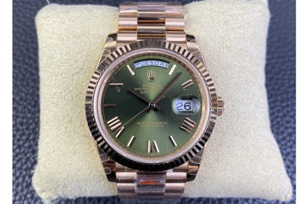 Replica Rolex DayDate 40mm 228235 GMF 1:1 Gain Weight RG/Tungsten Green Dial Roman Markers on President Bracelet A3255