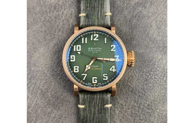 Replica Zenith Pilot Type 20 Extra Special Bronze XF 1:1 Best Edition Green Dial on Green Leather Strap A2824