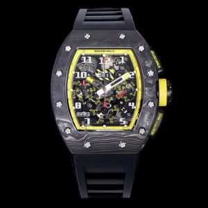 Replica Richard Mille RM011 NTPT Carbon Chrono KVF 1:1 Best Edition Crystal Skeleton Dial Yellow Inner Bezel on Black Rubber Strap A7750