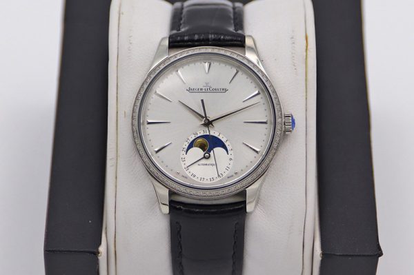 Replica Jaeger-LeCoultre Master Ultra Thin Moonphase SS/LE White Dial Diamond Bezel Black Leather Strap TW MY9015 to Cal.925