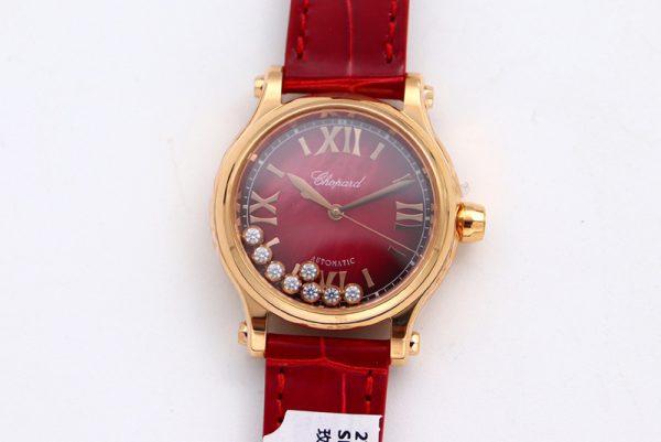 Replica Chopard Happy Sport Automatic RG 36mm ZF Best Edtion Red Mop Dial on Red Leather Strap Miyota 9015