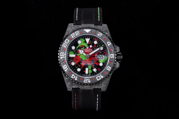 Replica Rolex GMT DIW Carbon OMF Best Edition All Black/Red/Green Black Dial on Black Nylon Strap SA3186 CHS