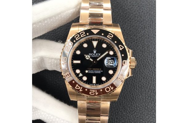 Replica Rolex GMT-Master II 126715 CHNR Black/Brown Ceramic RG EWF Best Edition Black Dial on RG Bracelet SA3186