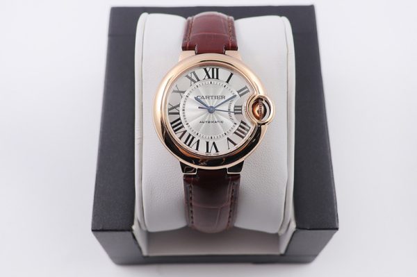 Replica Cartier Ballon Bleu 33mm RG AF 1:1 Best Edition White Textured Dial on Brown Croco Leather Strap Cal.076