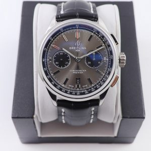 Replica Breitling Premier B01 Chronograph 42 Steel Watch GF Best Edtion in Gray Dial and Black Leather With A7750