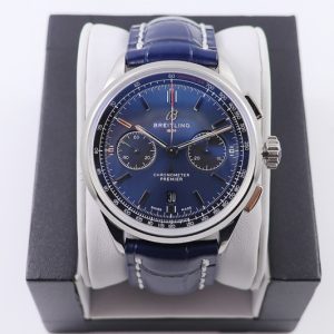 Replica Breitling Premier B01 Chronograph 42 Steel Watch GF Best Edtion in Blue Dial and Blue Leather With A7750