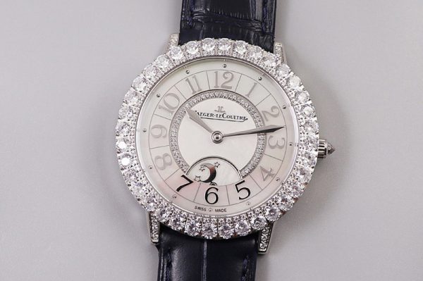 Replica Jaeger-LeCoultre Rendez-Vous Night & Day SS Diamonds Bezel ZF 1:1 Best Edition White MOP Dial on Black Leather Strap A898