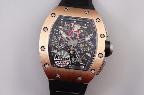 Replica Richard Mille RM011 RG Chrono KVF 1:1 Best Edition Crystal Dial Black on Black Rubber Strap A7750