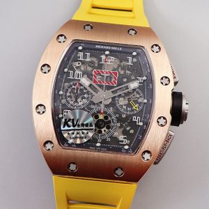 Replica Richard Mille RM011 RG Chrono KVF 1:1 Best Edition Crystal Dial Black on Yellow Rubber Strap A7750