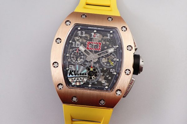 Replica Richard Mille RM011 RG Chrono KVF 1:1 Best Edition Crystal Dial Black on Yellow Rubber Strap A7750