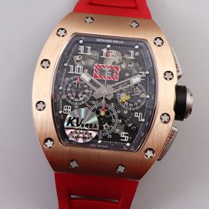 Replica Richard Mille RM011 RG Chrono KVF 1:1 Best Edition Crystal Dial Black on Red Rubber Strap A7750