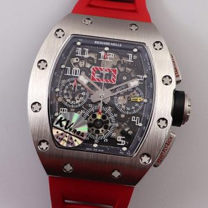 Replica Richard Mille RM011 SS Chrono KVF 1:1 Best Edition Crystal Dial Black on Red Rubber Strap A7750
