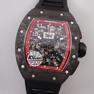Replica Richard Mille RM011 NTPT Chrono PVD Case KVF 1:1 Best Edition Crystal Dial Red on Black Rubber Strap A7750
