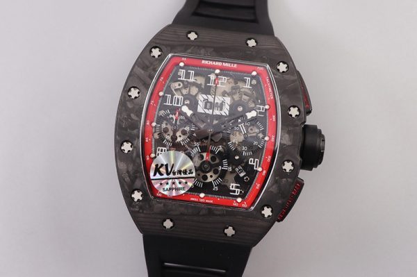 Replica Richard Mille RM011 NTPT Chrono PVD Case KVF 1:1 Best Edition Crystal Dial Red on Black Rubber Strap A7750