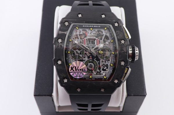 Replica Richard Mille RM011 NTPT Chrono KVF 1:1 Best Edition Crystal Dial on Black Rubber Strap A7750