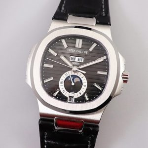 Replica Patek Philippe Nautilus 5726 Complicated SS GRF 1:1 Best Edition Black Textured Dial on Black Leather Strap A324