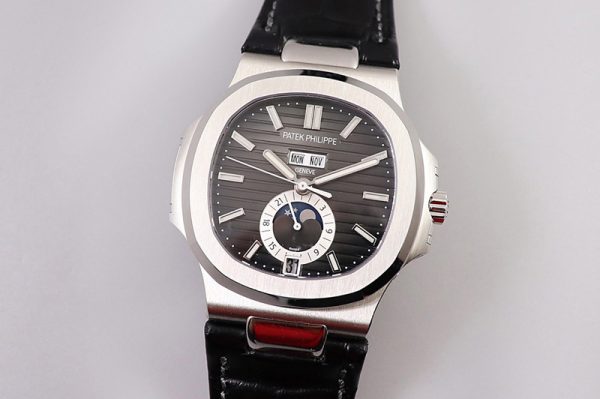Replica Patek Philippe Nautilus 5726 Complicated SS GRF 1:1 Best Edition Black Textured Dial on Black Leather Strap A324