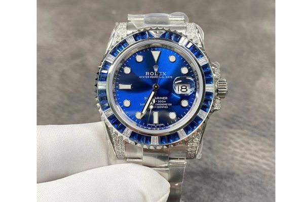 Replica Rolex Submariner Blue Diamonds Bezel SS GSF Best Edition Blue Dial on SS Bracelet A2824